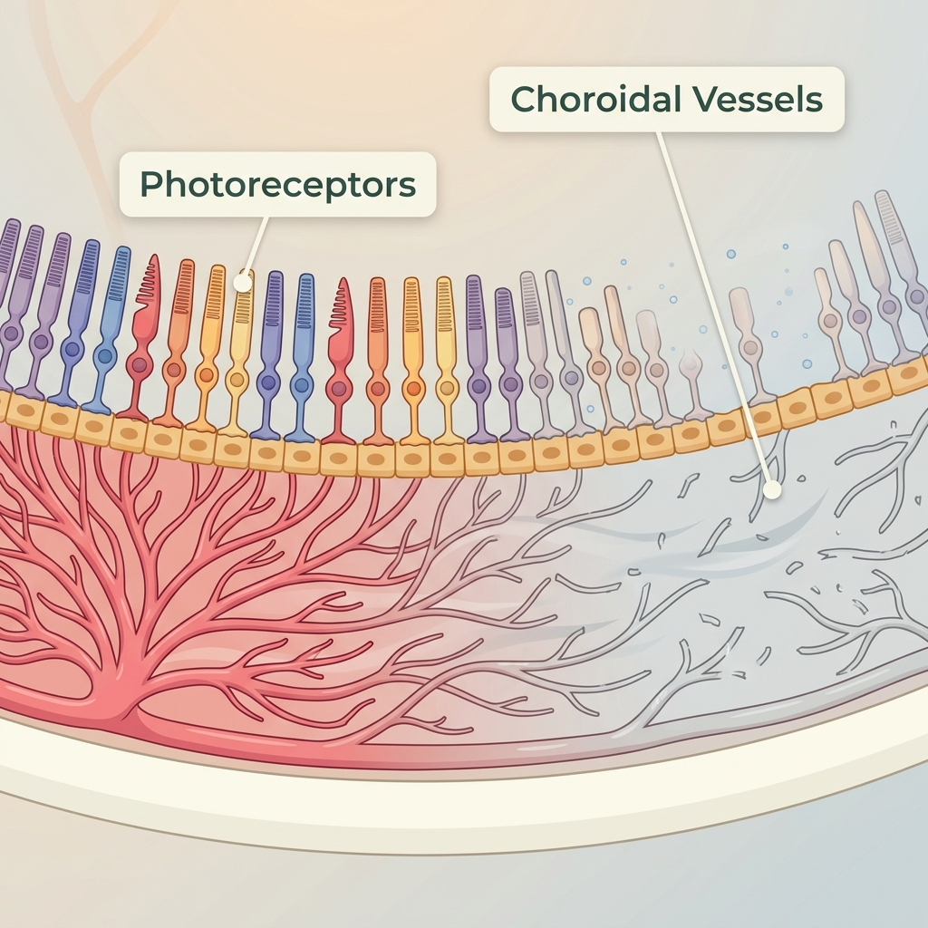 Choroidal vessels losing flow to photoreceptors