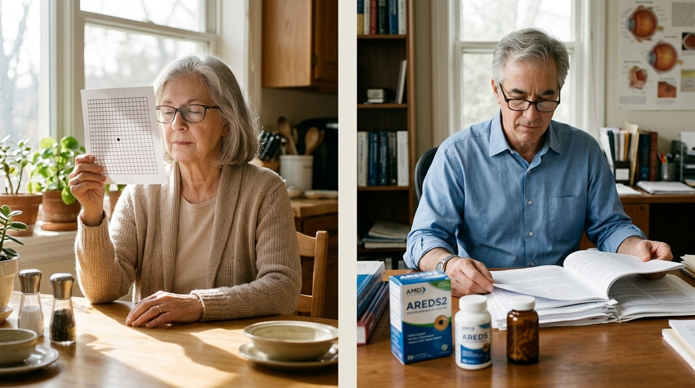 Older woman using an Amsler grid at her kitchen table while a researcher reviews AREDS2 studies