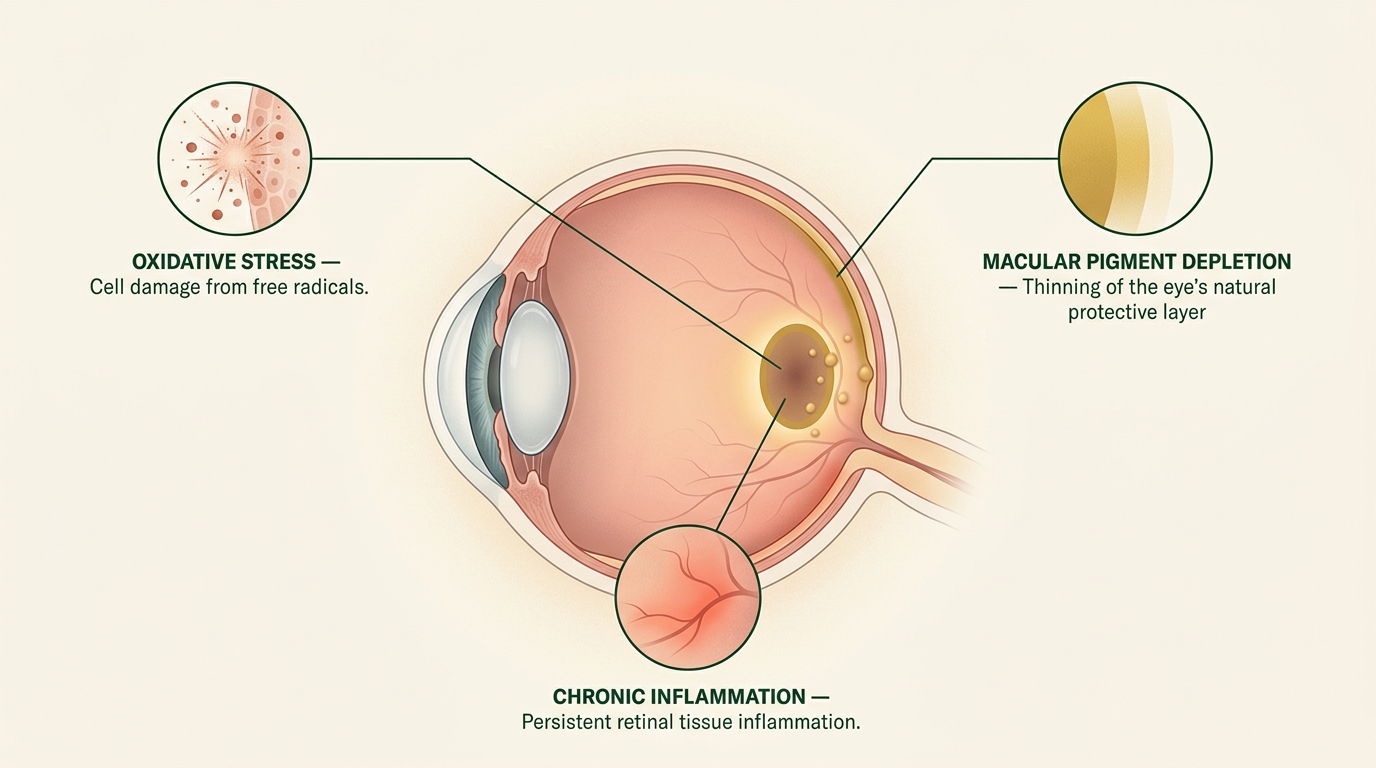Anatomical eye diagram with three callouts: oxidative stress, macular pigment depletion, and chronic inflammation